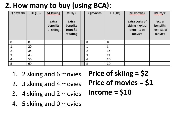 2. How many to buy (using BCA): 1. 2. 3. 4. 2 skiing and