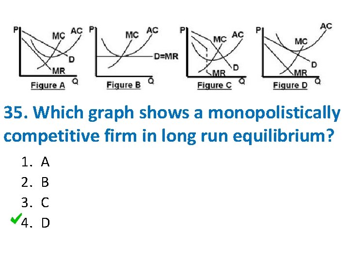 35. Which graph shows a monopolistically competitive firm in long run equilibrium? 1. 2.