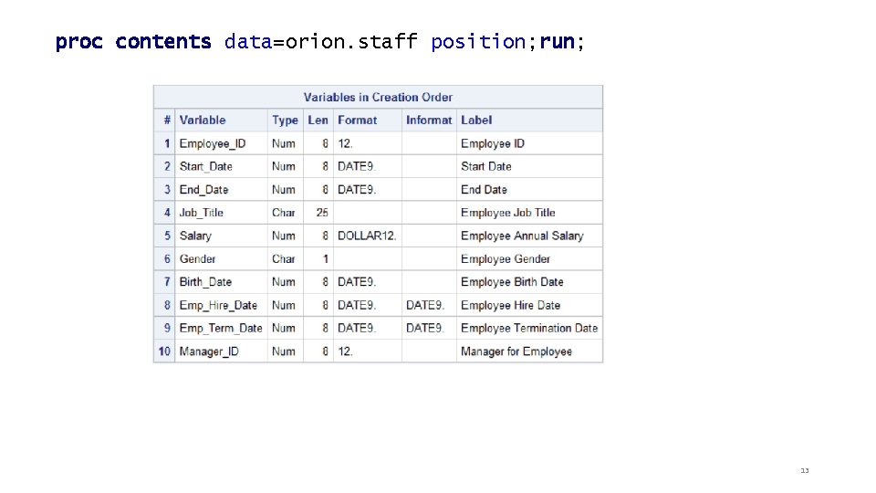 proc contents data=orion. staff position; run; 13 proc contents data=orion. staff position; run; 13