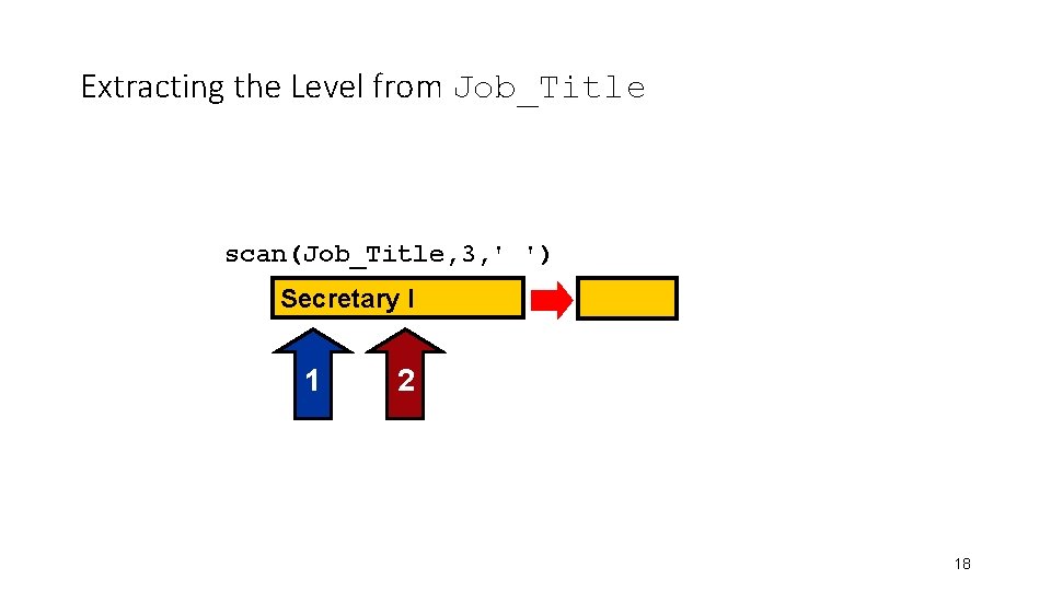 Extracting the Level from Job_Title scan(Job_Title, 3, ' ') Secretary I 1 2 18 Extracting the Level from Job_Title scan(Job_Title, 3, ' ') Secretary I 1 2 18