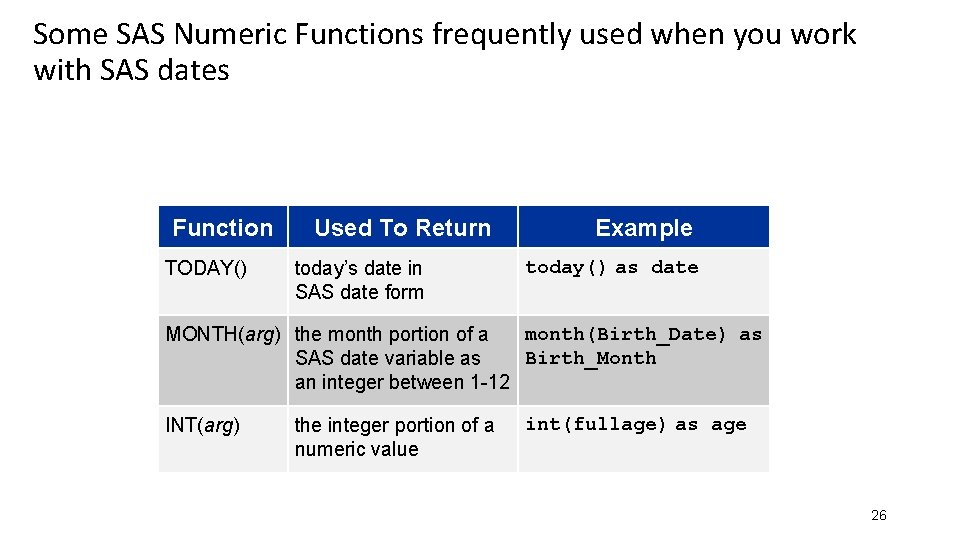 Some SAS Numeric Functions frequently used when you work with SAS dates Function TODAY() Some SAS Numeric Functions frequently used when you work with SAS dates Function TODAY()