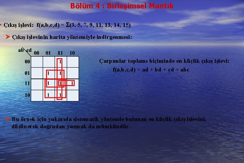 Bölüm 4 : Birleşimsel Mantık Çıkış işlevi: f(a, b, c, d) = (3, 5,