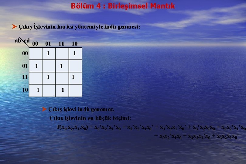 Bölüm 4 : Birleşimsel Mantık Çıkış İşlevinin harita yöntemiyle indirgenmesi: Çıkış işlevi indirgenemez. Çıkış