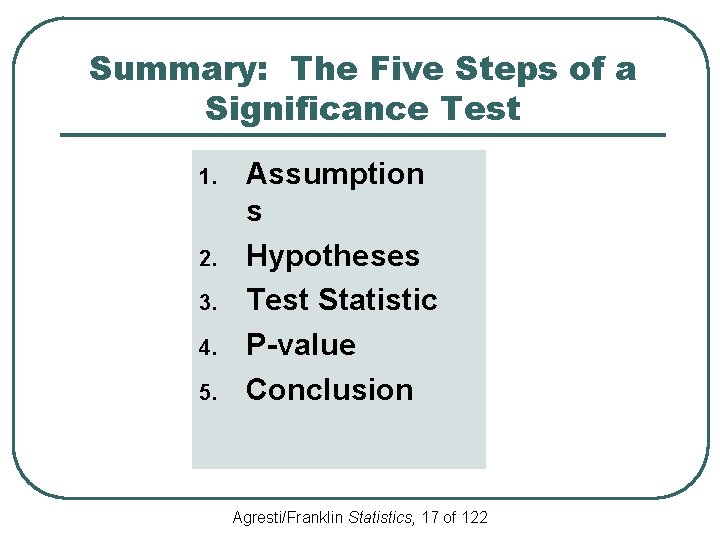 Summary: The Five Steps of a Significance Test 1. 2. 3. 4. 5. Assumption