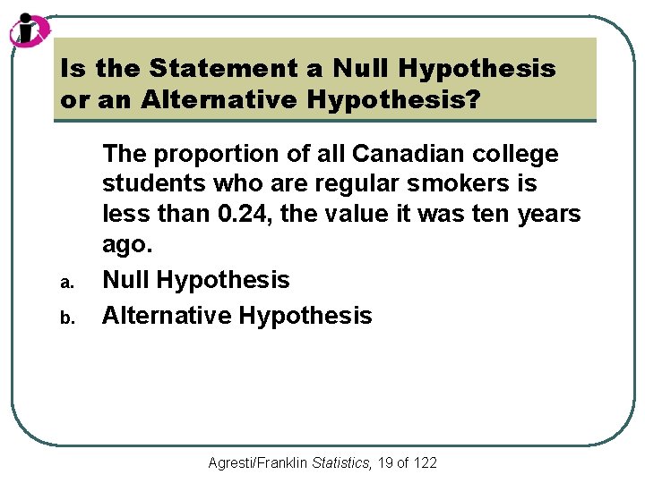 Is the Statement a Null Hypothesis or an Alternative Hypothesis? a. b. The proportion