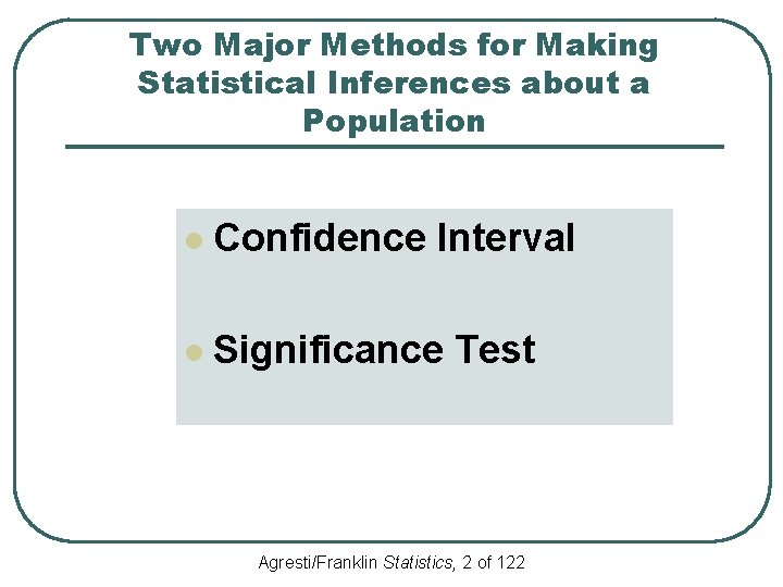 Two Major Methods for Making Statistical Inferences about a Population l Confidence Interval l