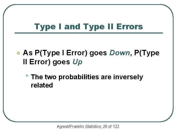 Type I and Type II Errors l As P(Type I Error) goes Down, P(Type