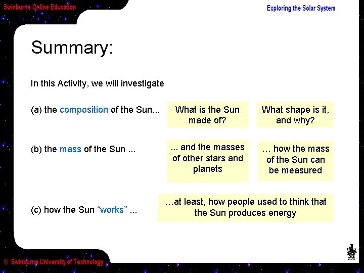 Summary: In this Activity, we will investigate (a) the composition of the Sun. .