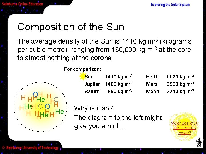 Composition of the Sun The average density of the Sun is 1410 kg m-3