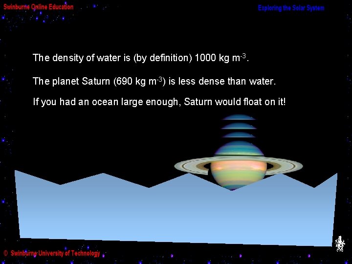 The density of water is (by definition) 1000 kg m-3. The planet Saturn (690