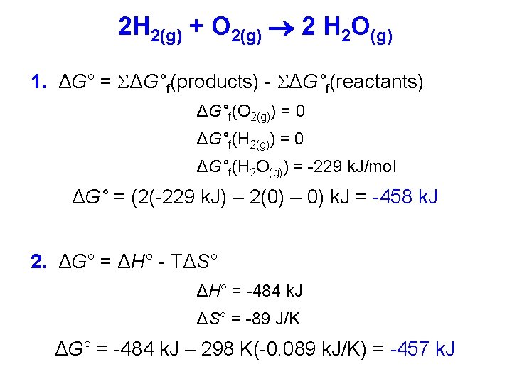 2 H 2(g) + O 2(g) 2 H 2 O(g) 1. ΔG° = ΔG°f(products)