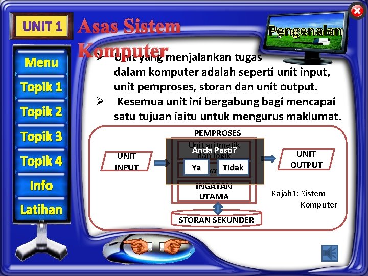 Menu Topik 1 Topik 2 Asas Sistem Pengenalan Komputer Ø Unit yang menjalankan tugas