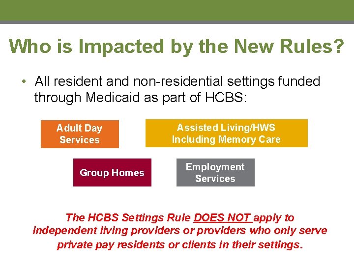 Who is Impacted by the New Rules? • All resident and non-residential settings funded