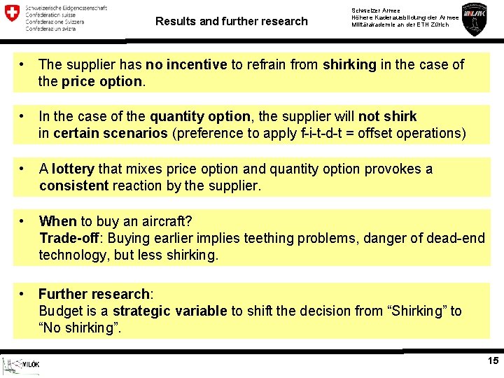 Results and further research Schweizer Armee Höhere Kaderausbildung der Armee Militärakademie an der ETH