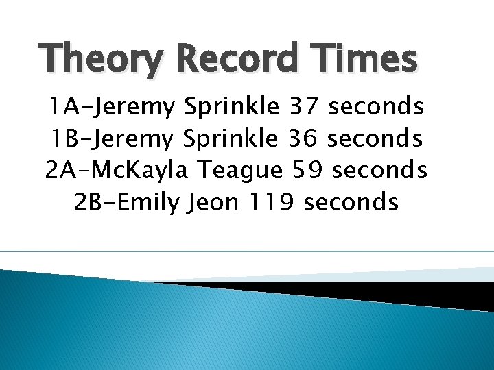 Theory Record Times 1 A-Jeremy Sprinkle 37 seconds 1 B-Jeremy Sprinkle 36 seconds 2