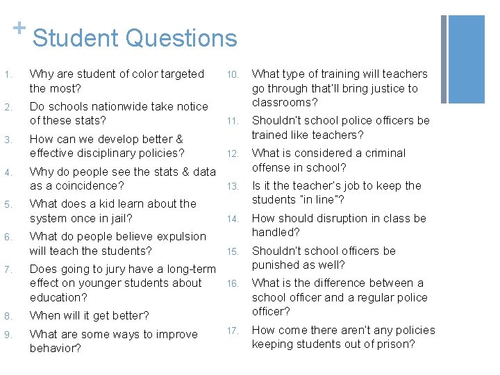 + Student Questions 1. Why are student of color targeted the most? 2. 3.
