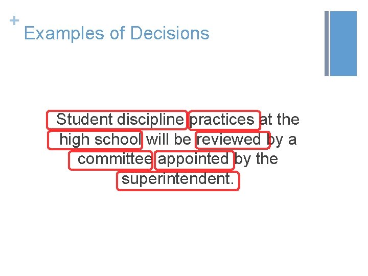 + Examples of Decisions Student discipline practices at the high school will be reviewed