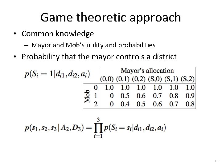 Game theoretic approach • Common knowledge – Mayor and Mob’s utility and probabilities •
