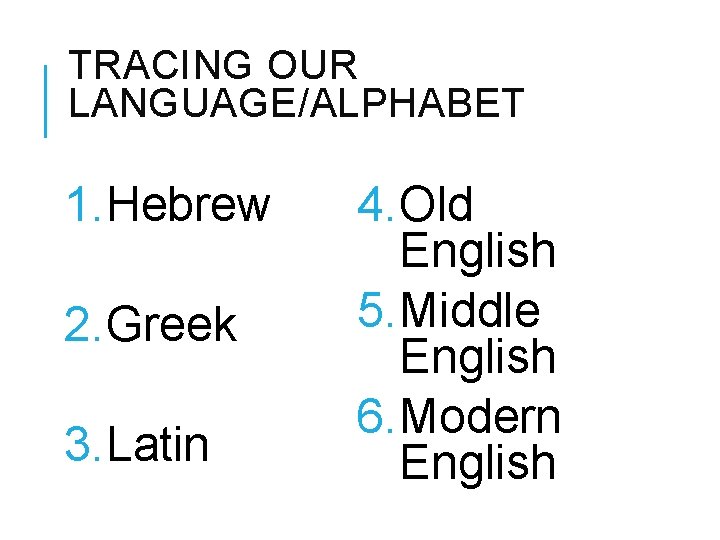 TRACING OUR LANGUAGE/ALPHABET 1. Hebrew 2. Greek 3. Latin 4. Old English 5. Middle