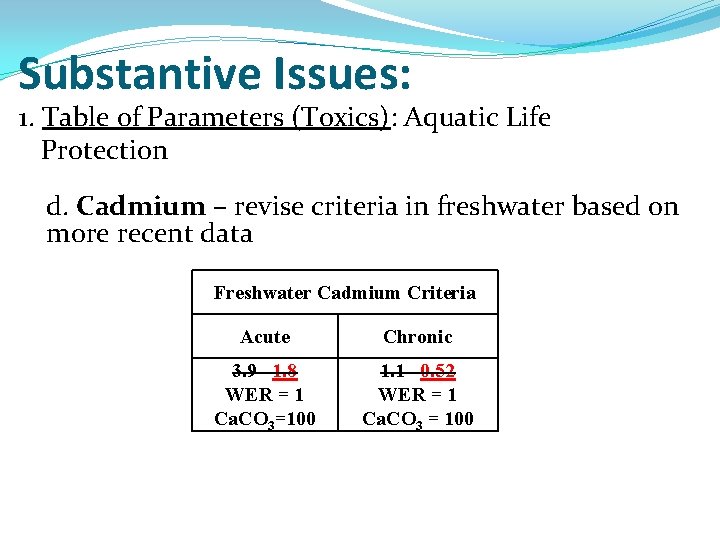 Substantive Issues: 1. Table of Parameters (Toxics): Aquatic Life Protection d. Cadmium – revise