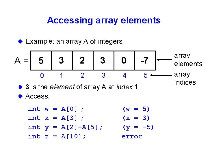 Accessing array elements ® Example: an array A of integers A= 5 3 2