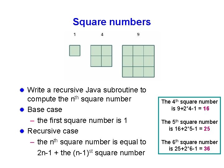 Square numbers Write a recursive Java subroutine to compute the nth square number ®