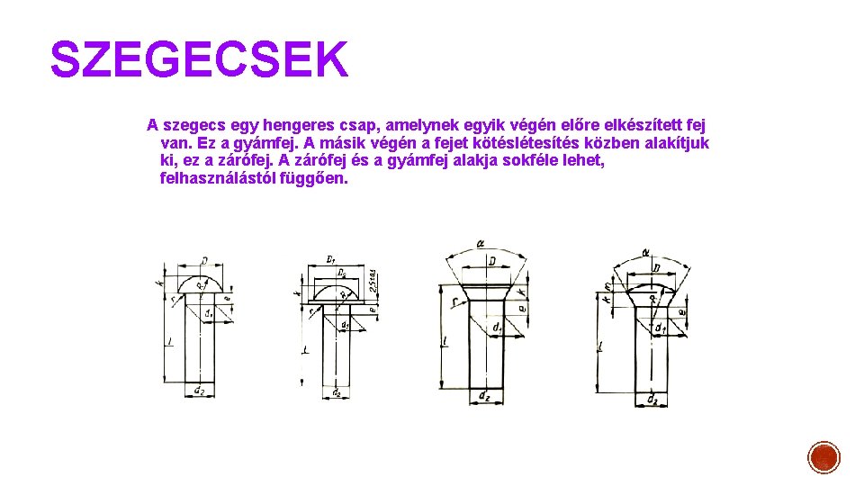 SZEGECSEK A szegecs egy hengeres csap, amelynek egyik végén előre elkészített fej van. Ez