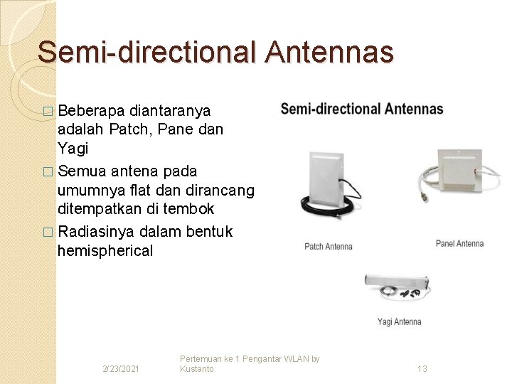 Semi-directional Antennas � Beberapa diantaranya adalah Patch, Pane dan Yagi � Semua antena pada
