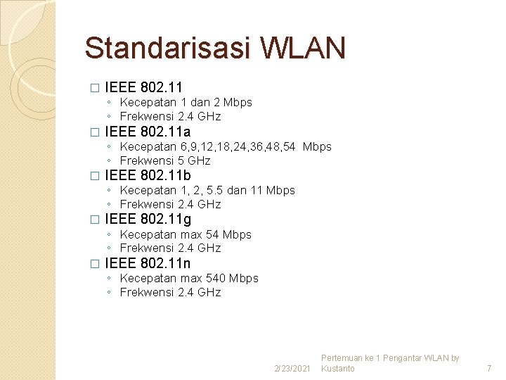 Standarisasi WLAN � IEEE 802. 11 ◦ Kecepatan 1 dan 2 Mbps ◦ Frekwensi