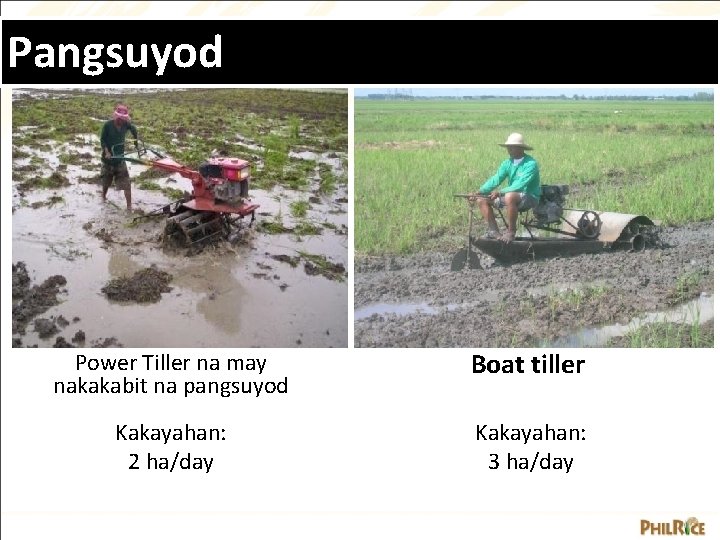 Pangsuyod Power Tiller na may nakakabit na pangsuyod Boat tiller Kakayahan: 2 ha/day Kakayahan:
