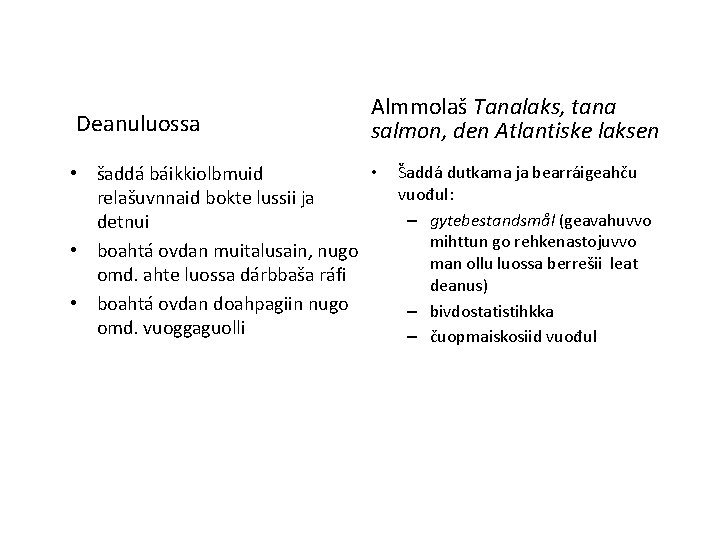 Deanuluossa Almmolaš Tanalaks, tana salmon, den Atlantiske laksen • • šaddá báikkiolbmuid relašuvnnaid bokte