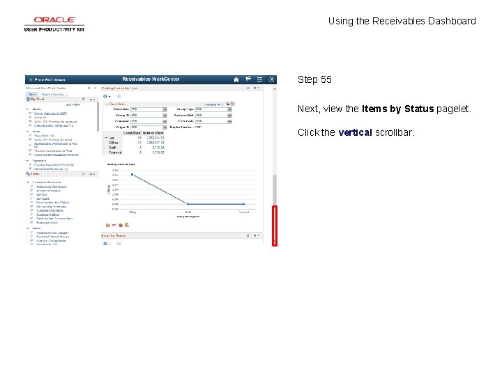 Using the Receivables Dashboard Step 55 Next, view the Items by Status pagelet. Click