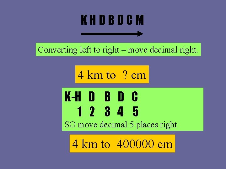 KHDBDCM Converting left to right – move decimal right. 4 km to ? cm