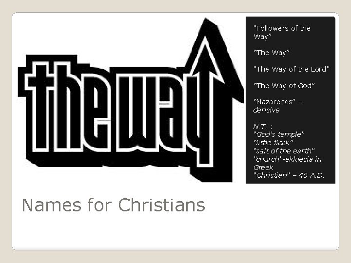 “Followers of the Way” “The Way of the Lord” “The Way of God” “Nazarenes”