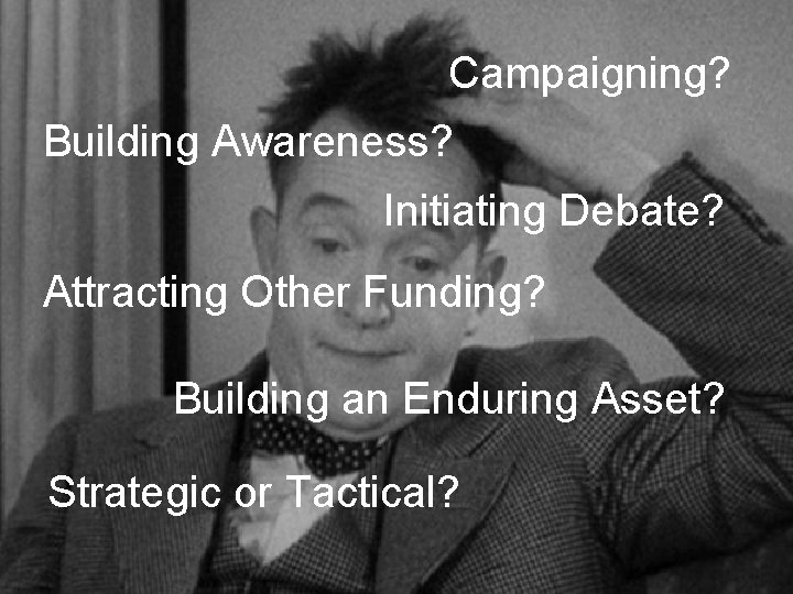 Campaigning? Building Awareness? Initiating Debate? Attracting Other Funding? Building an Enduring Asset? Strategic or