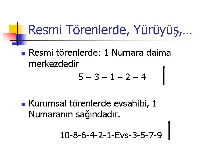 Resmi Törenlerde, Yürüyüş, … n n Resmi törenlerde: 1 Numara daima merkezdedir 5– 3–