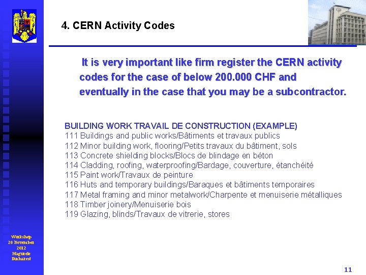 4. CERN Activity Codes It is very important like firm register the CERN activity