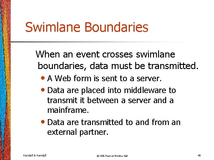 Swimlane Boundaries When an event crosses swimlane boundaries, data must be transmitted. • A