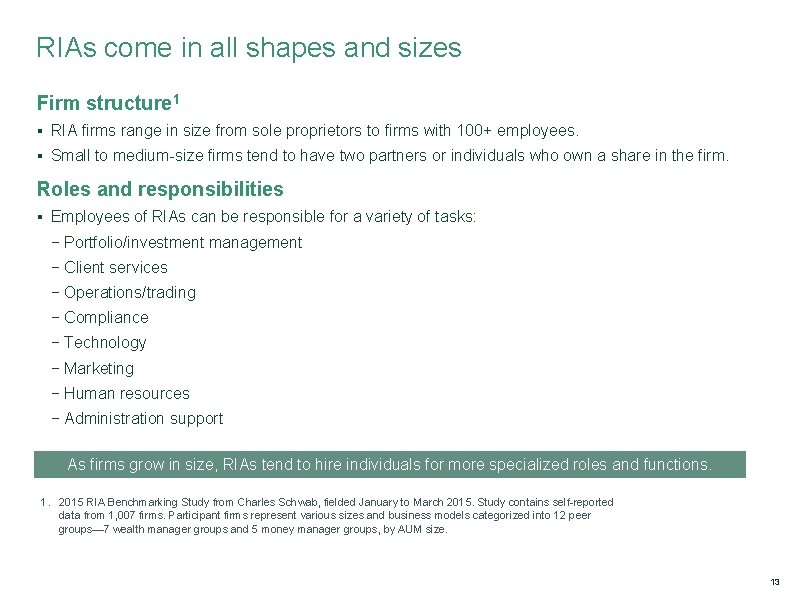 RIAs come in all shapes and sizes Firm structure 1 § RIA firms range