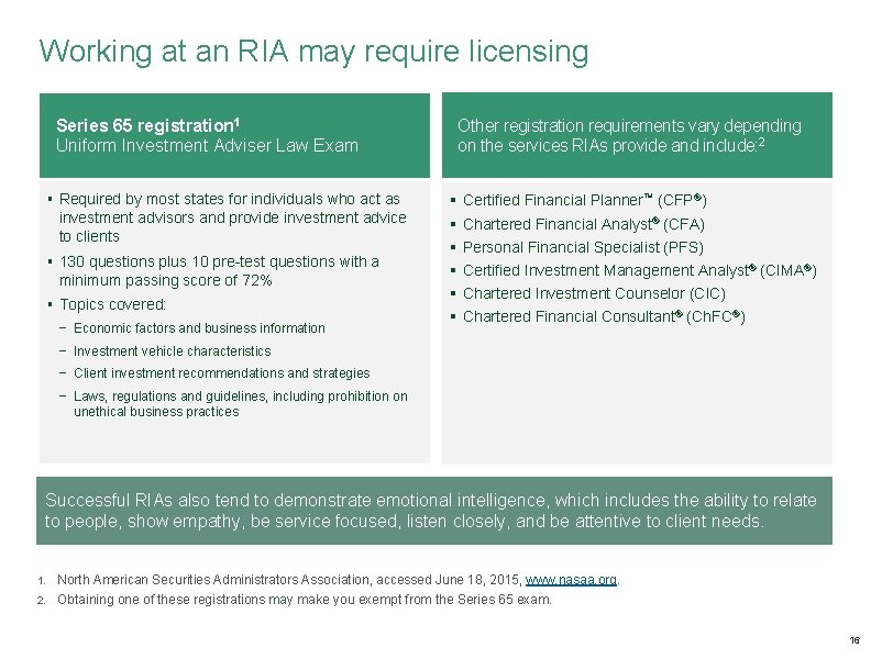 Working at an RIA may require licensing Other registration requirements vary depending on the