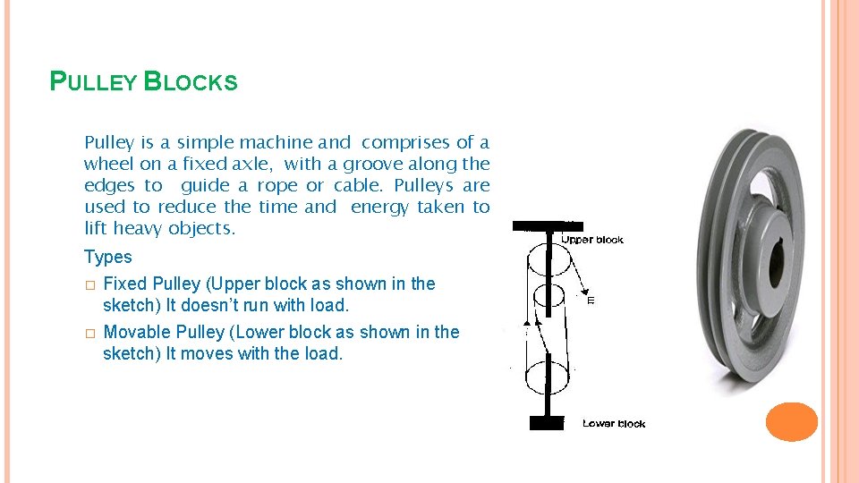 PULLEY BLOCKS Pulley is a simple machine and comprises of a wheel on a