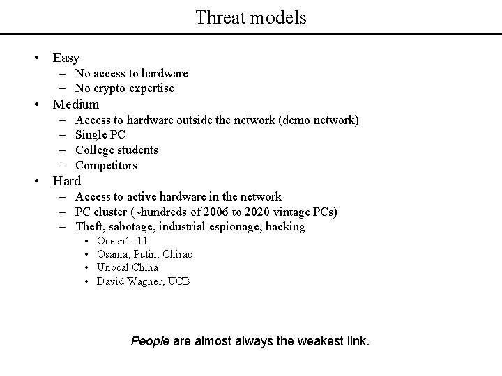 Threat models • Easy – No access to hardware – No crypto expertise •