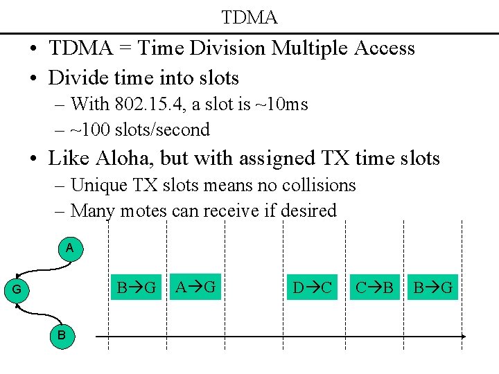 TDMA • TDMA = Time Division Multiple Access • Divide time into slots –