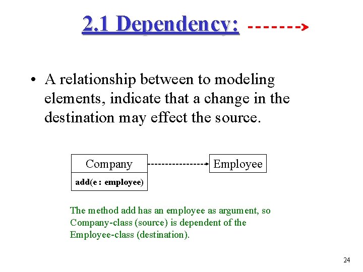 2. 1 Dependency: • A relationship between to modeling elements, indicate that a change 2. 1 Dependency: • A relationship between to modeling elements, indicate that a change