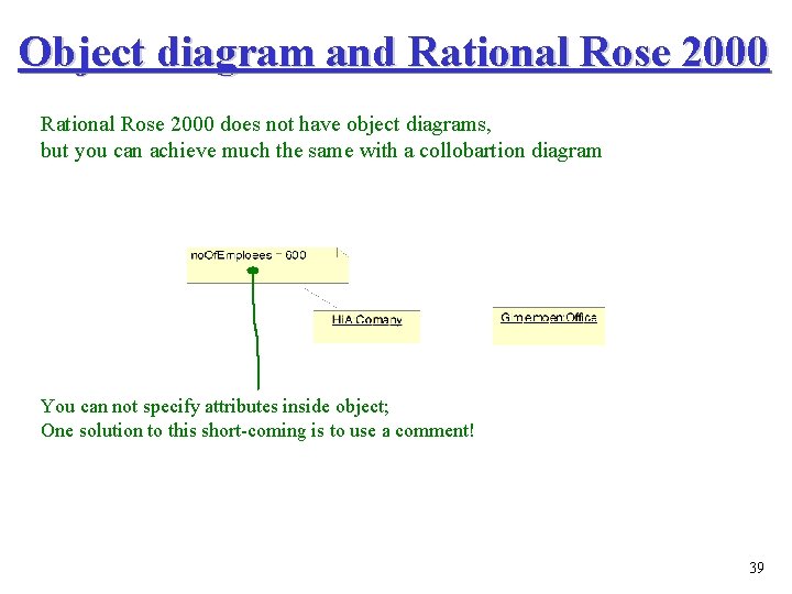 Object diagram and Rational Rose 2000 does not have object diagrams, but you can