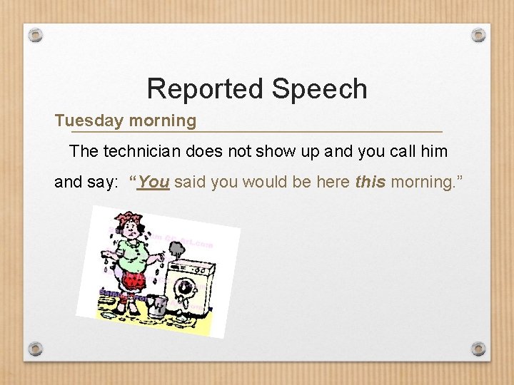 Reported Speech Tuesday morning The technician does not show up and you call him