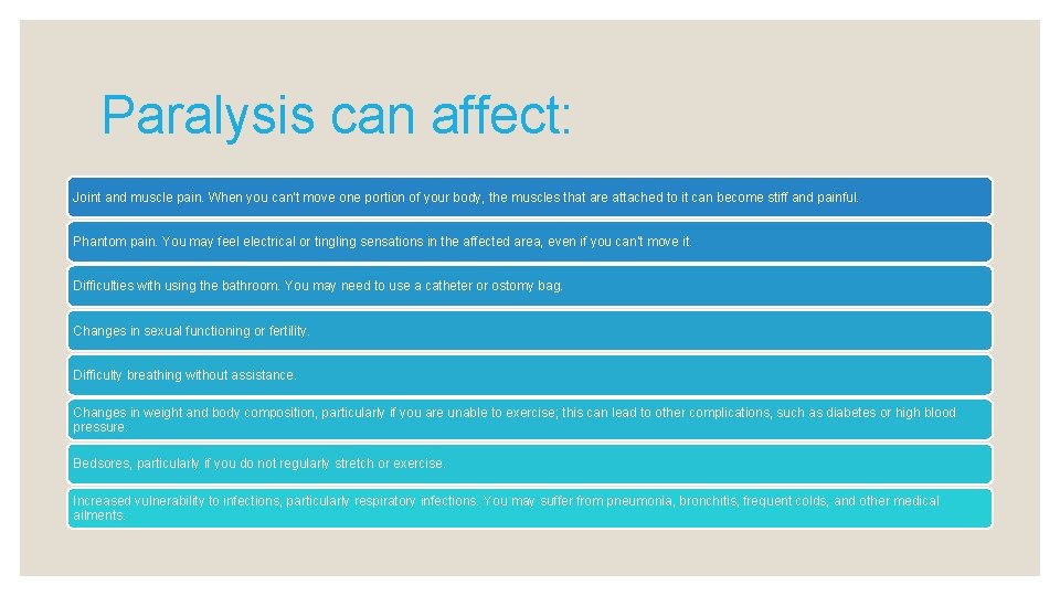 Paralysis can affect: Joint and muscle pain. When you can't move one portion of