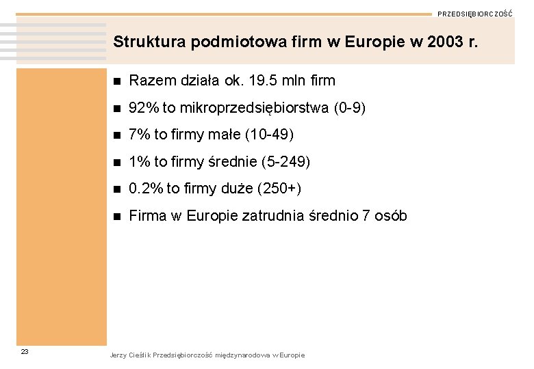 PRZEDSIĘBIORCZOŚĆ Struktura podmiotowa firm w Europie w 2003 r. 23 n Razem działa ok.