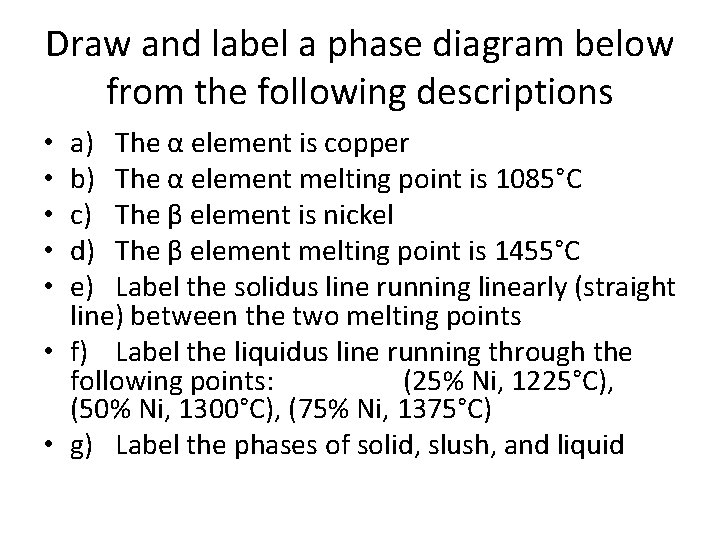 Draw and label a phase diagram below from the following descriptions a) The α