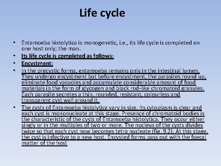 Life cycle • Entamoeba histolytica is monogenetic, i. e. , its life cycle is